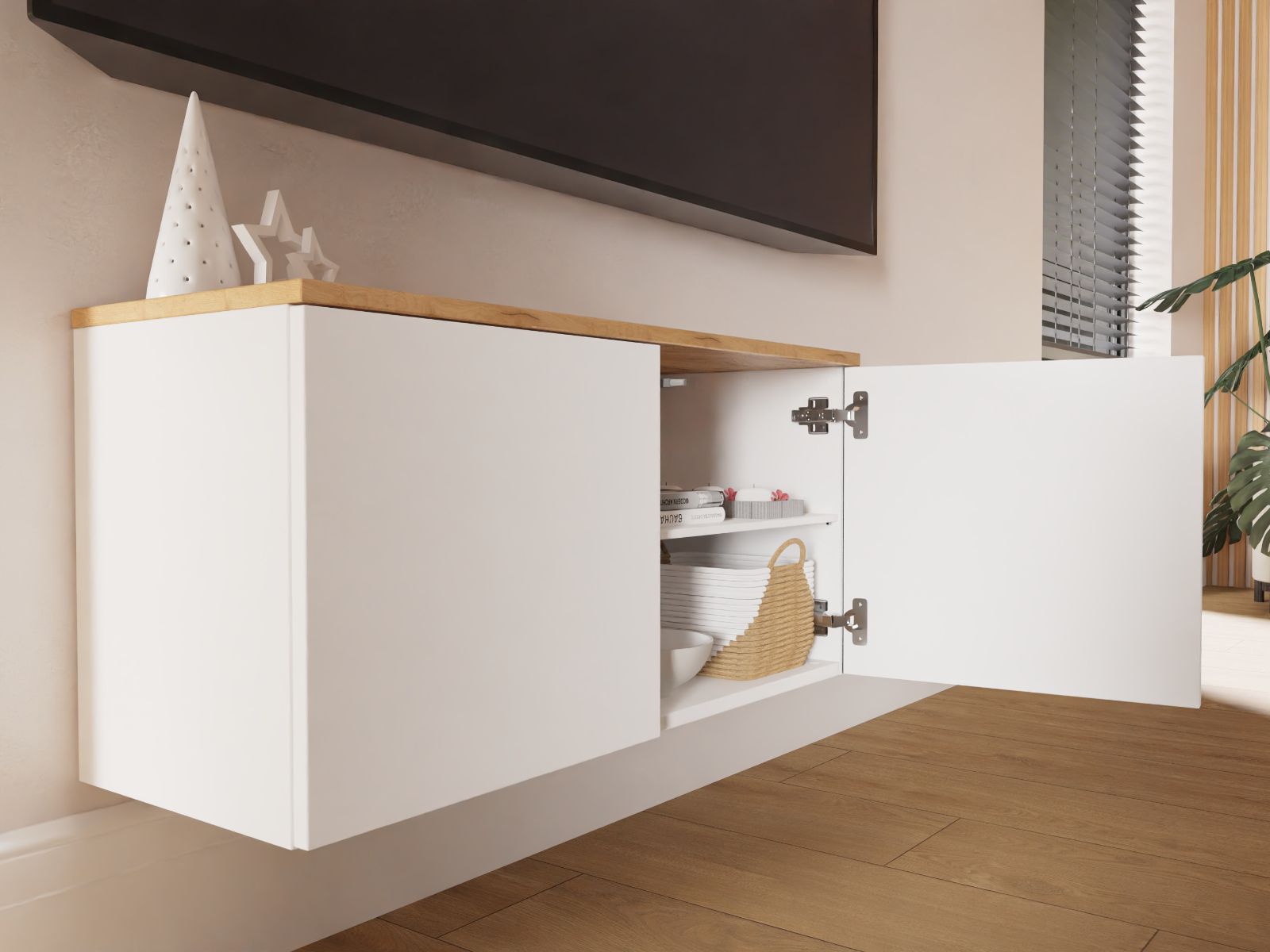 Meuble tv-hifi LUCO 2 portes 90 cm chêne/blanc mat