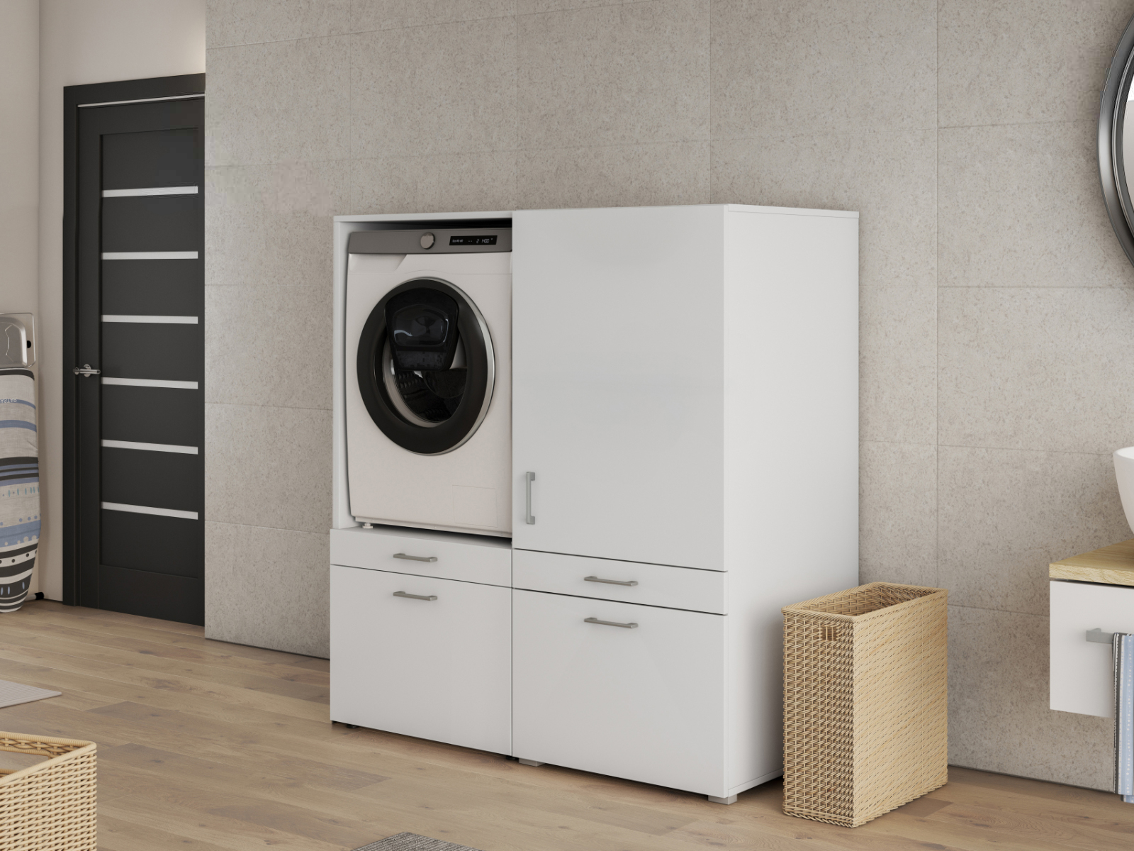 Meuble WASHING 1 machine avec armoire 1 porte 2 tiroirs MEDIUM blanc