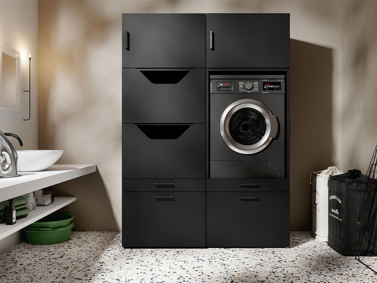 Meuble WASHING 1 machine avec armoire linge LARGE noir