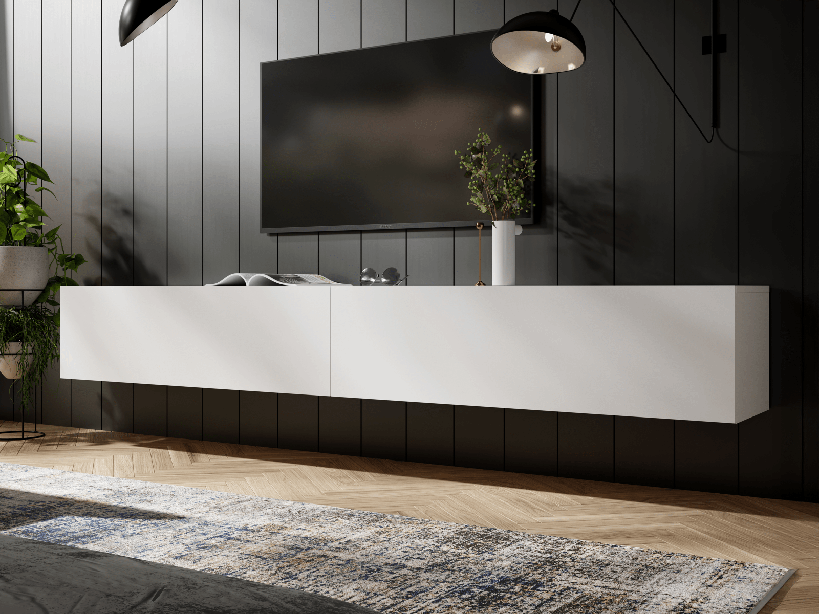 Meuble tv-hifi KINGSTON 2 portes battantes 210 cm blanc mat