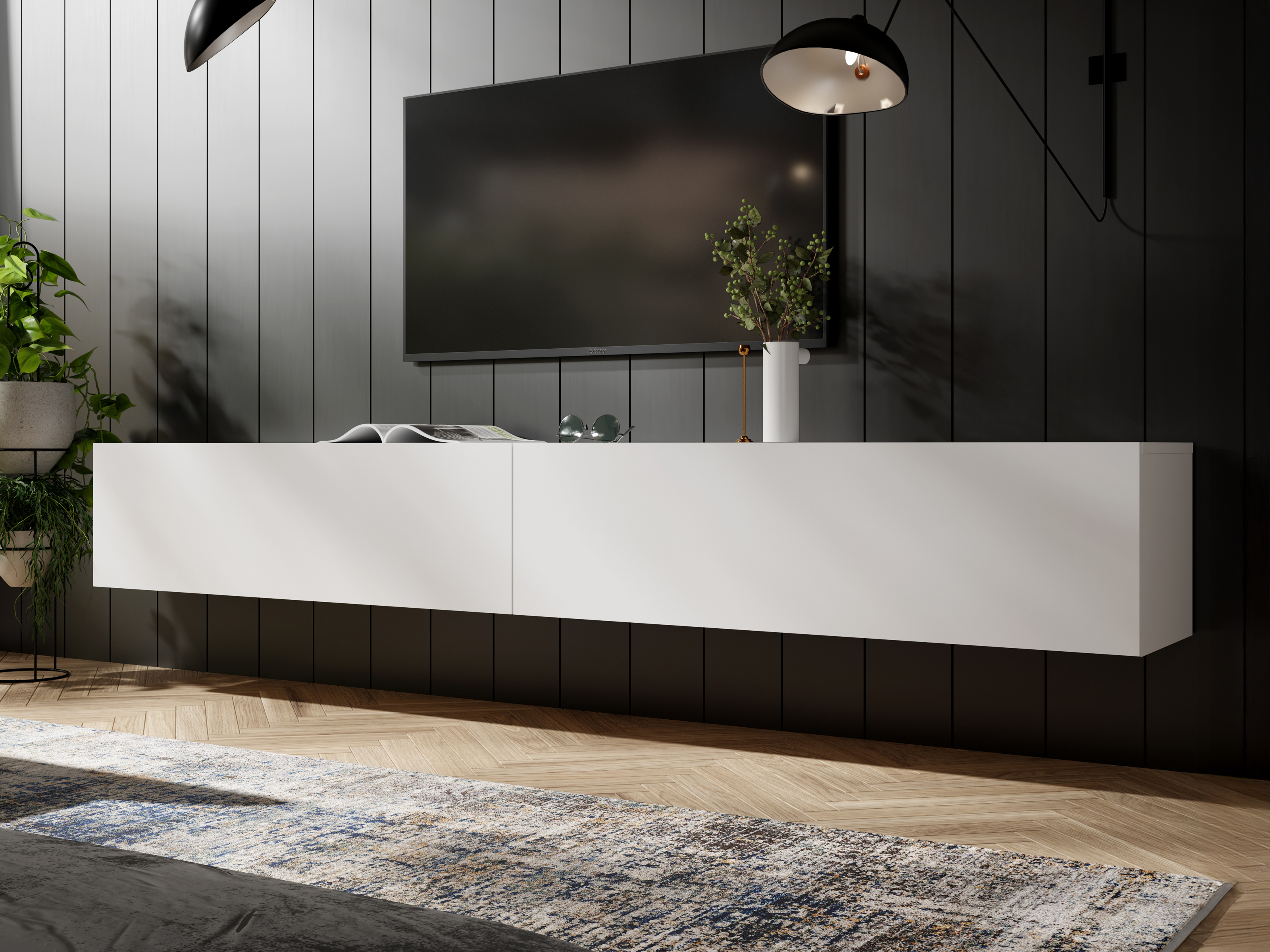 Meuble tv-hifi KINGSTON 2 portes battantes 210 cm blanc mat