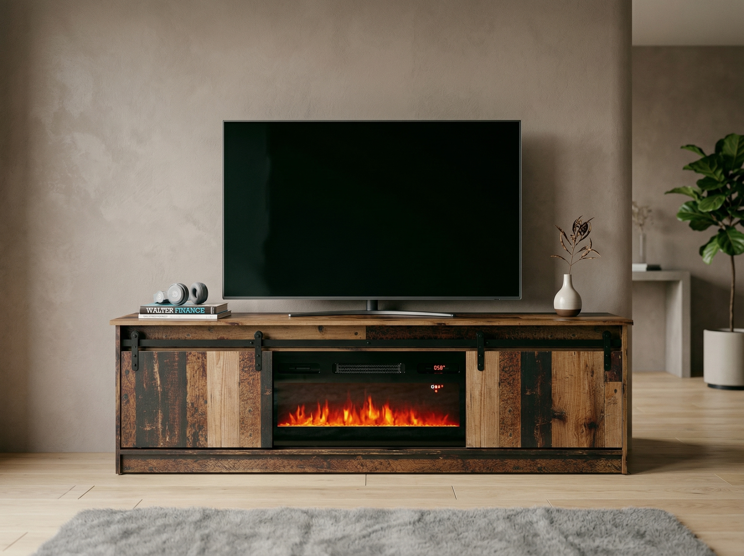 Meuble tv-hifi cheminée GRALO 2 portes coulissantes old wood