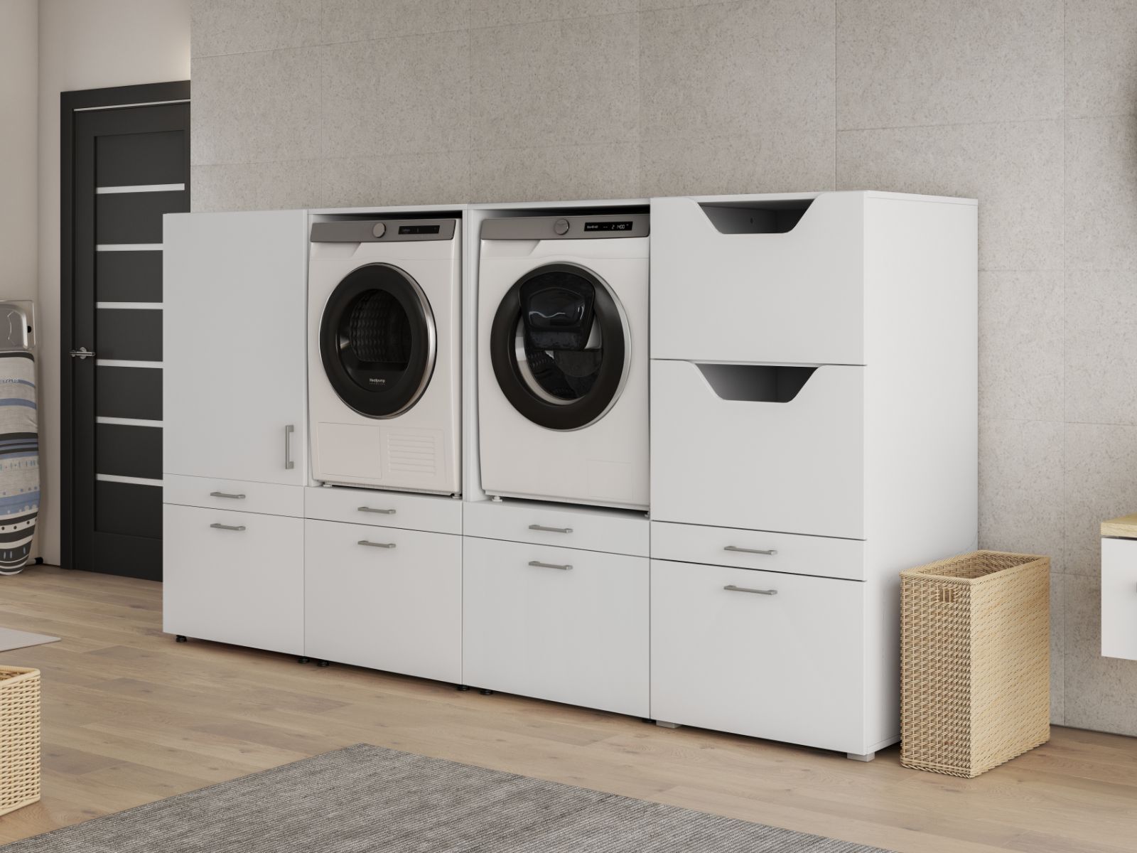 Meuble WASHING 2 machines avec armoire 1 porte 2 tiroirs et armoire linge MEDIUM blanc