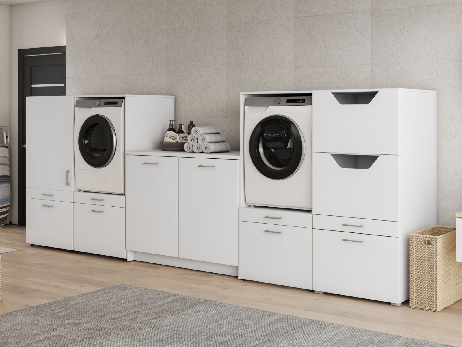 Meuble WASHING 2 machines avec armoire 1 porte 2 tiroirs et armoire linge et meuble bas MEDIUM blanc