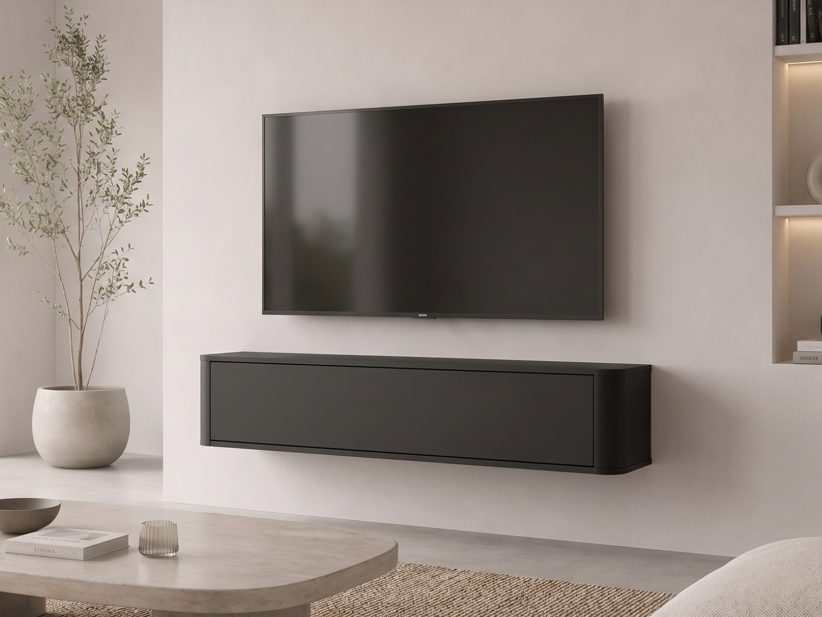 Meuble tv-hifi PRINCETON 1 porte battante 140 cm arrondi noir