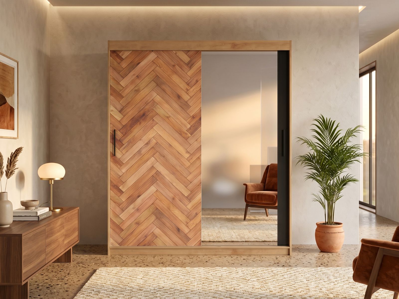 Armoire PARKIETO 2 portes coulissantes 150 cm noir/chêne artisan avec miroir