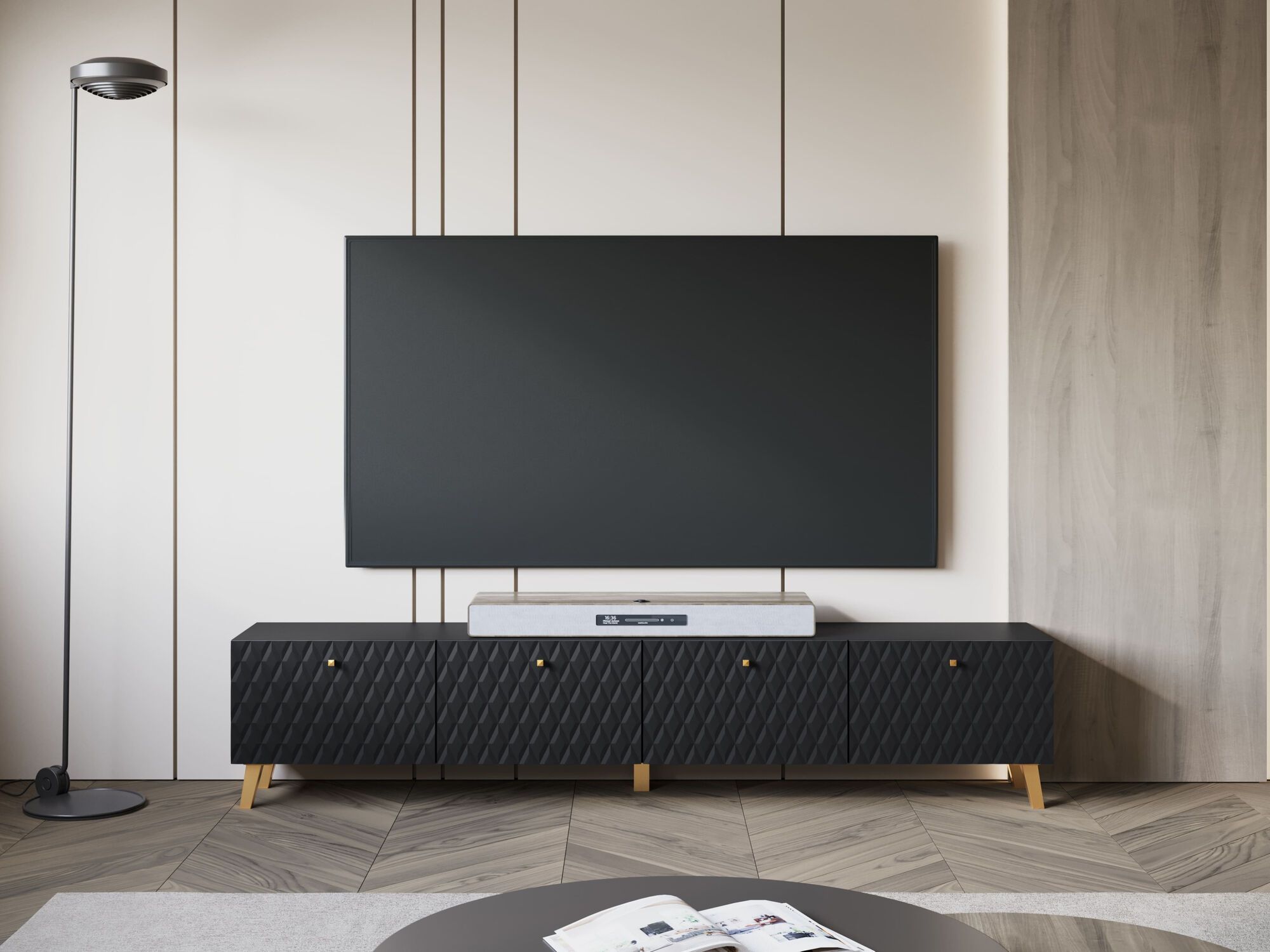 Meuble tv-hifi FUKETTE 4 portes battantes 190 cm graphite/doré