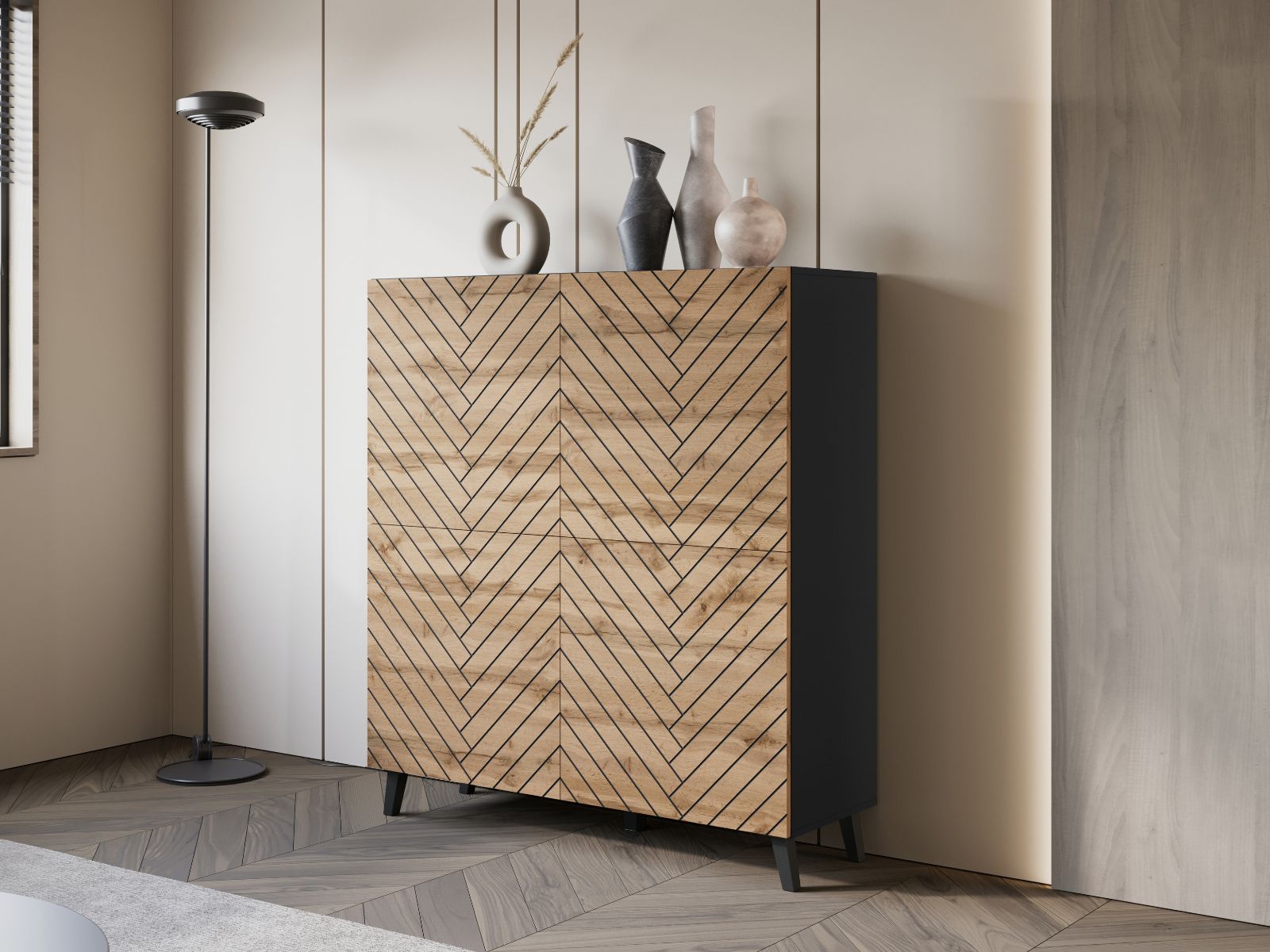 Buffet/bahut FUKETTE 4 portes graphite/chêne wotan