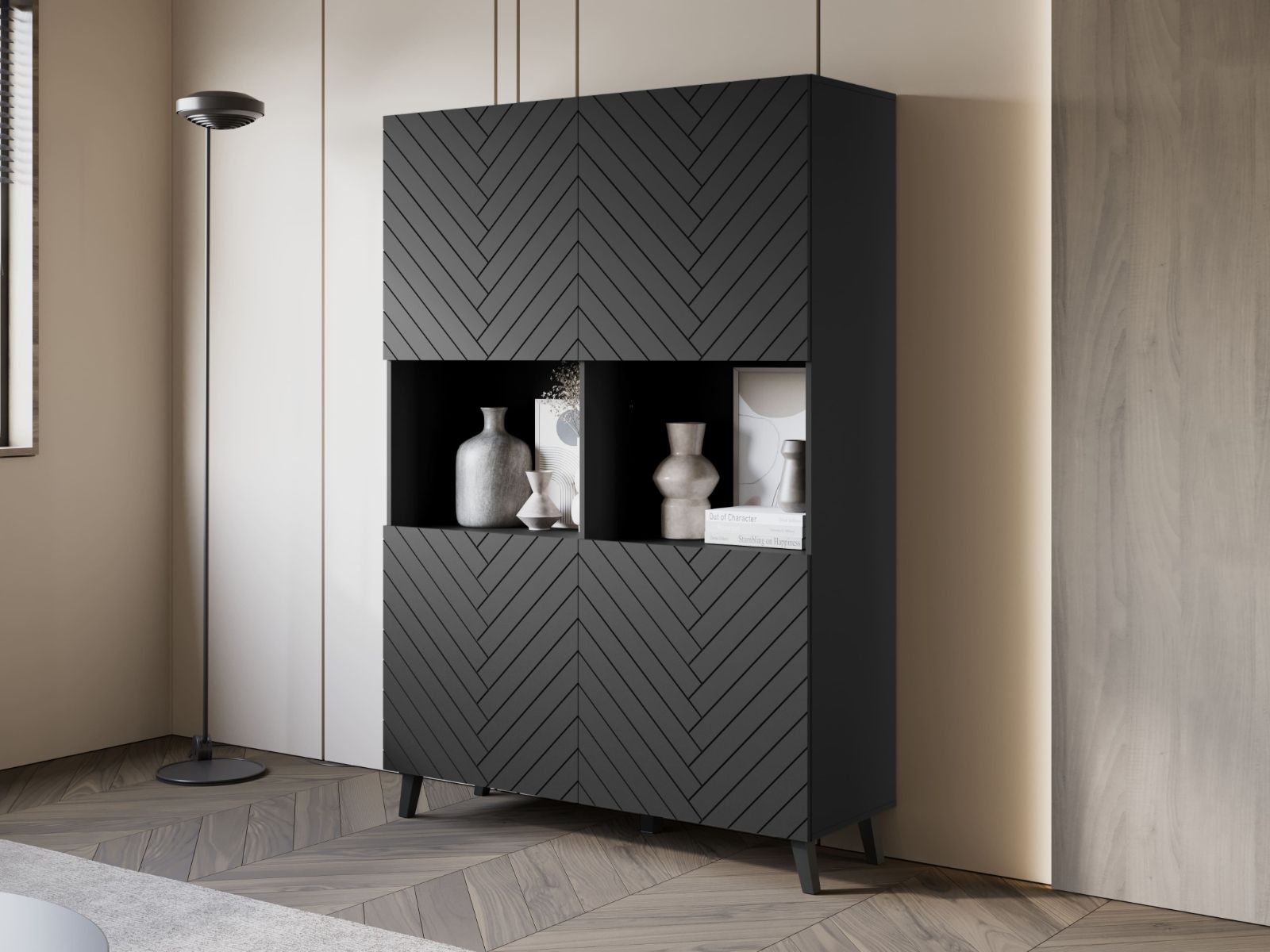 Commode haute FUKETTE 4 portes 120 cm graphite/noir