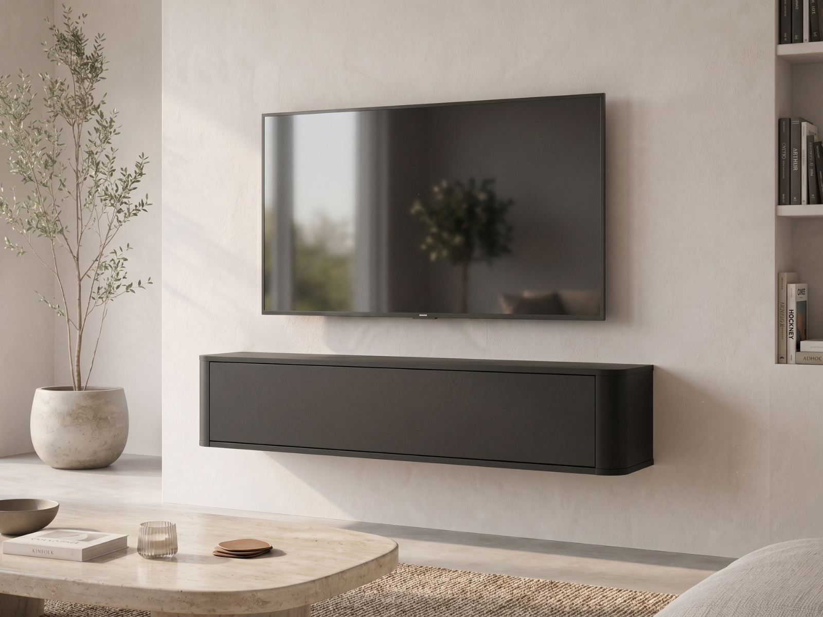 Meuble tv-hifi PRINCETON 1 porte battante 140 cm arrondi noir