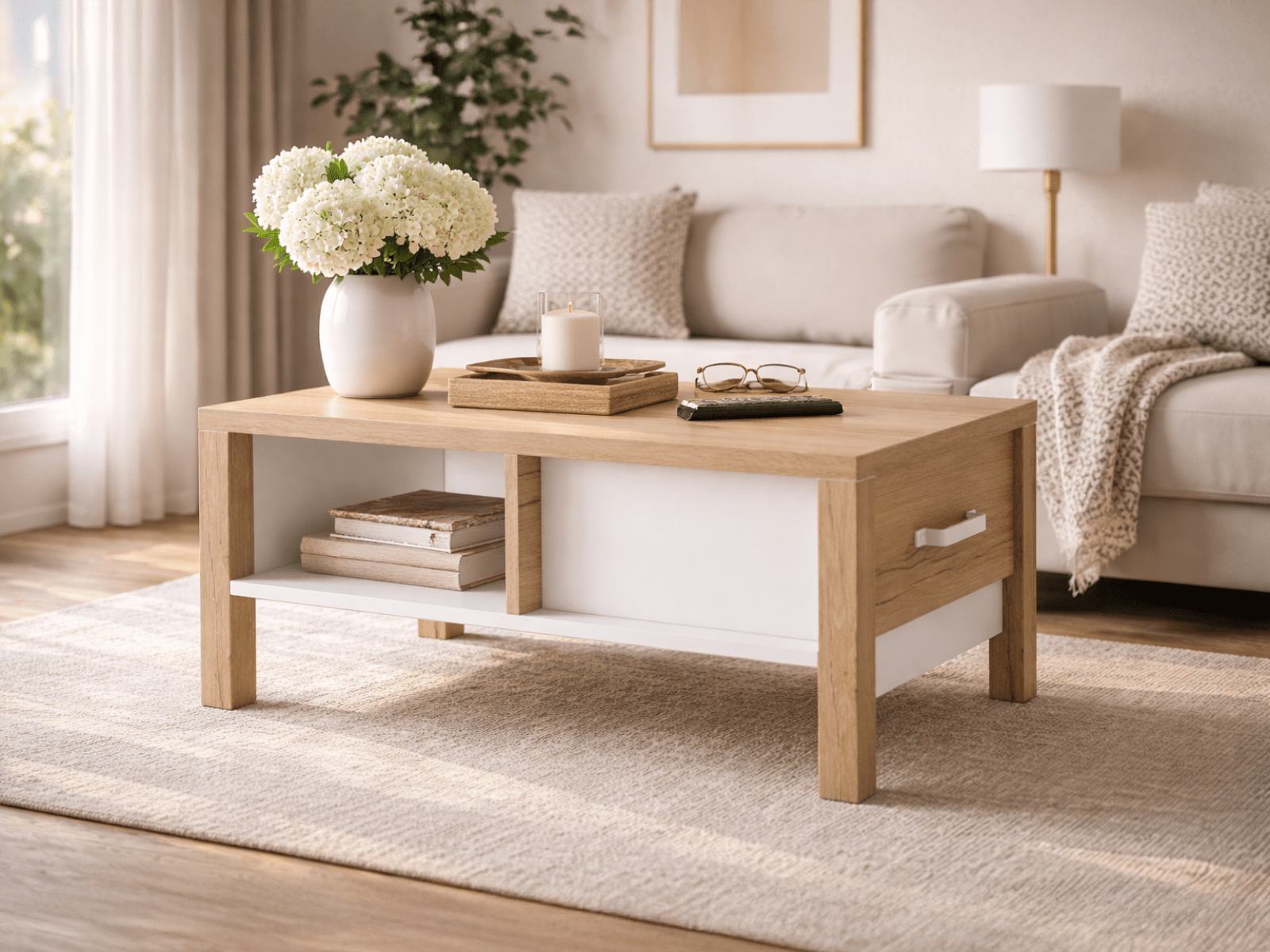 Table basse OLIANNE 90 cm chêne naturel/blanc