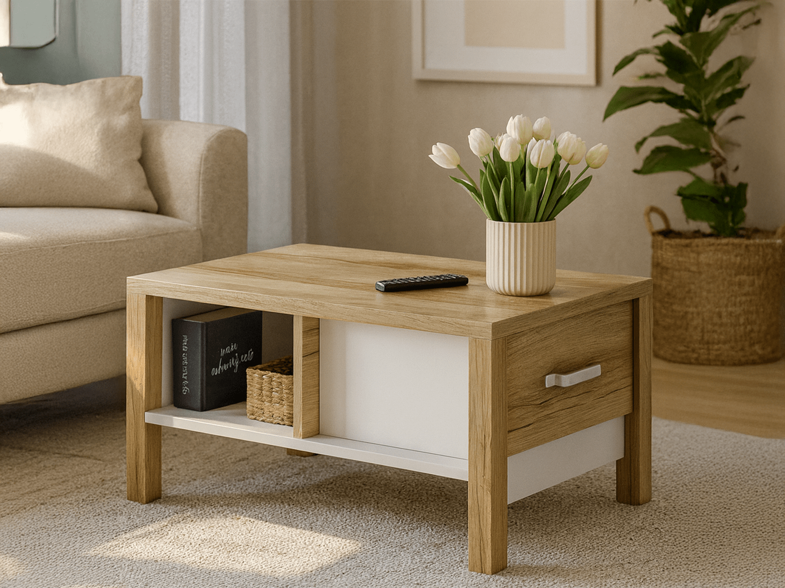 Table basse OLIANNE 90 cm chêne naturel/blanc