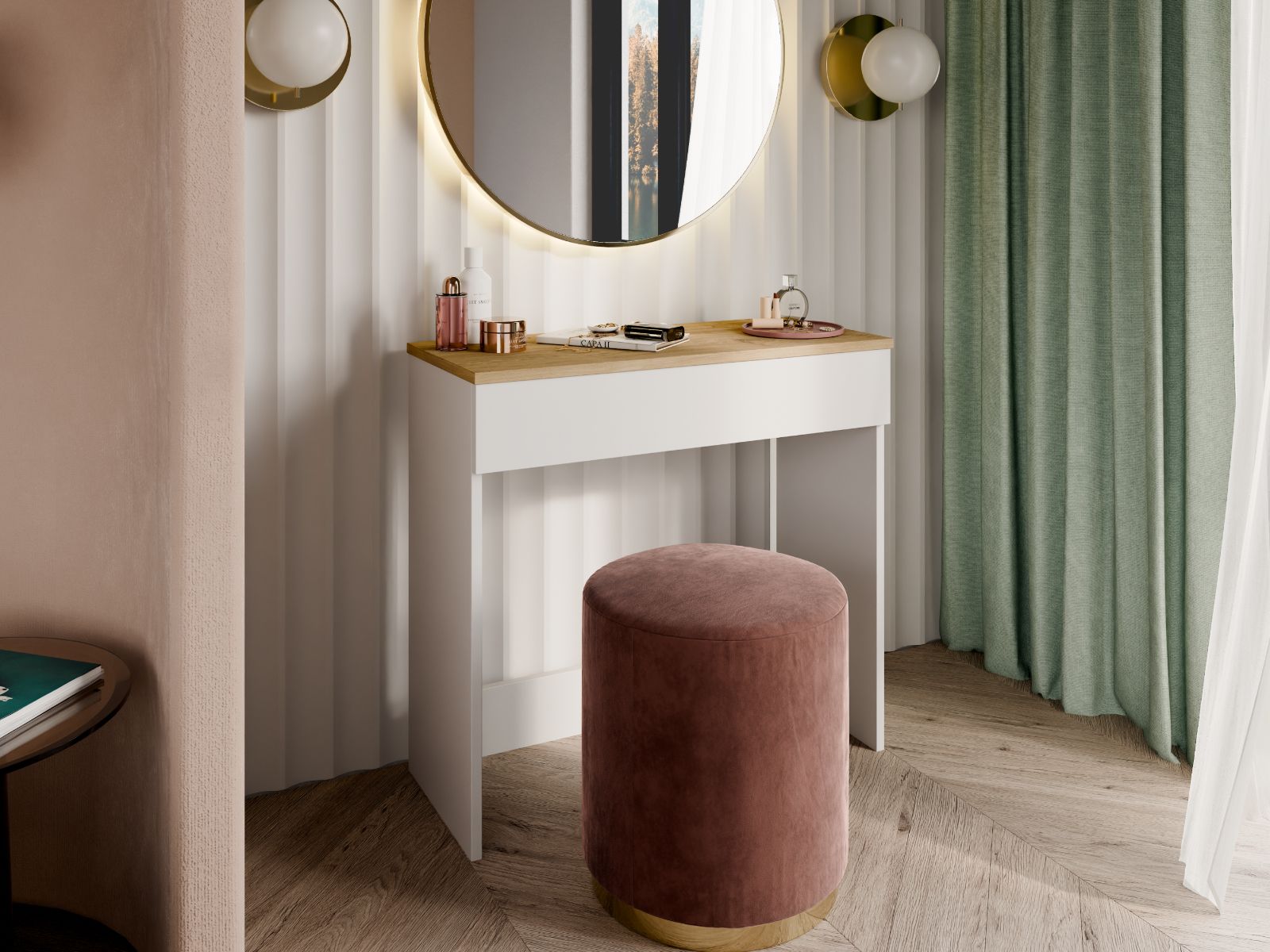 Coiffeuse TEORNIOLE 1 tiroirs blanc/chêne doré