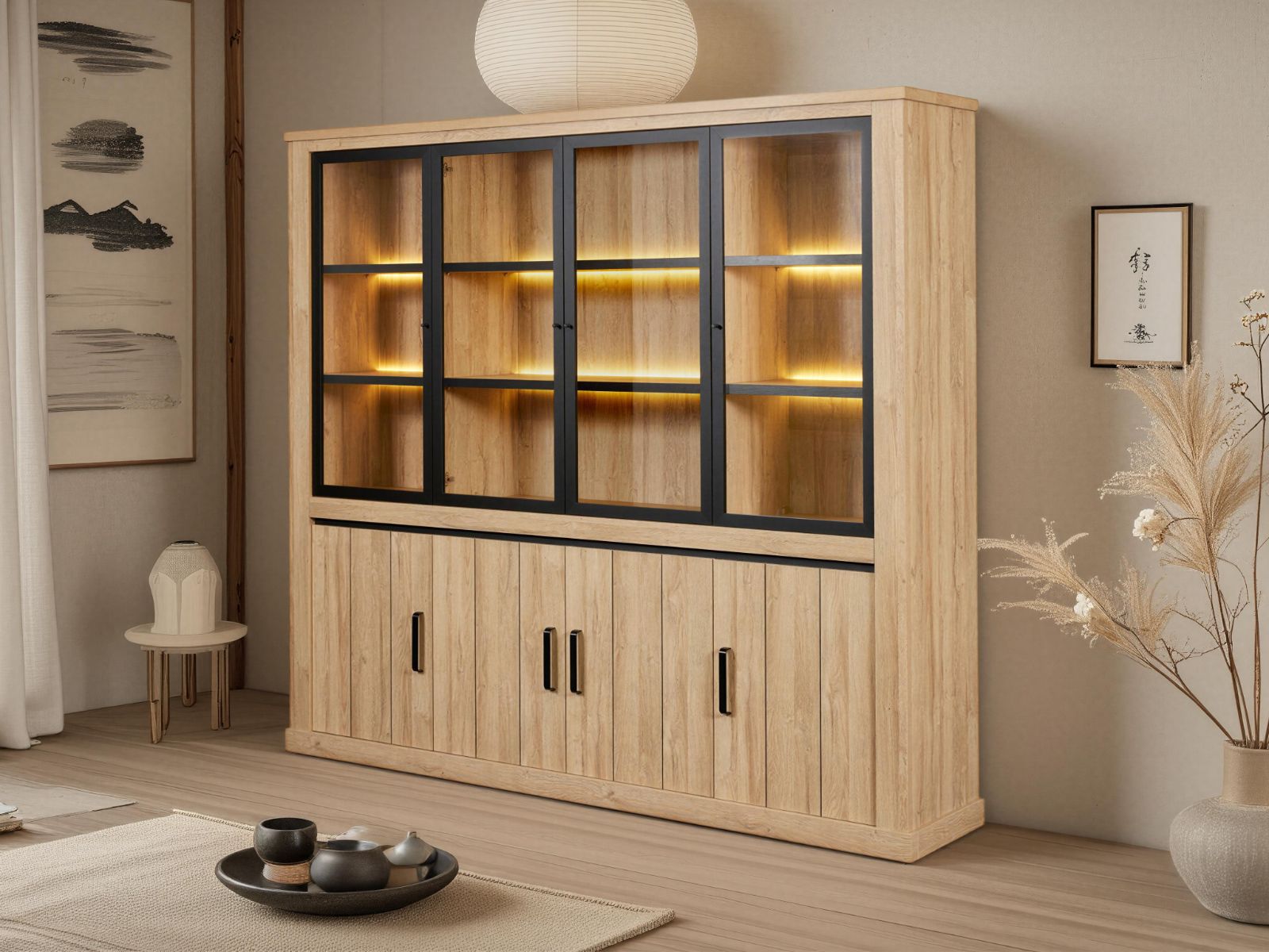 Vaisselier TIBOR 4 portes vitrées 4 portes pleines chêne français