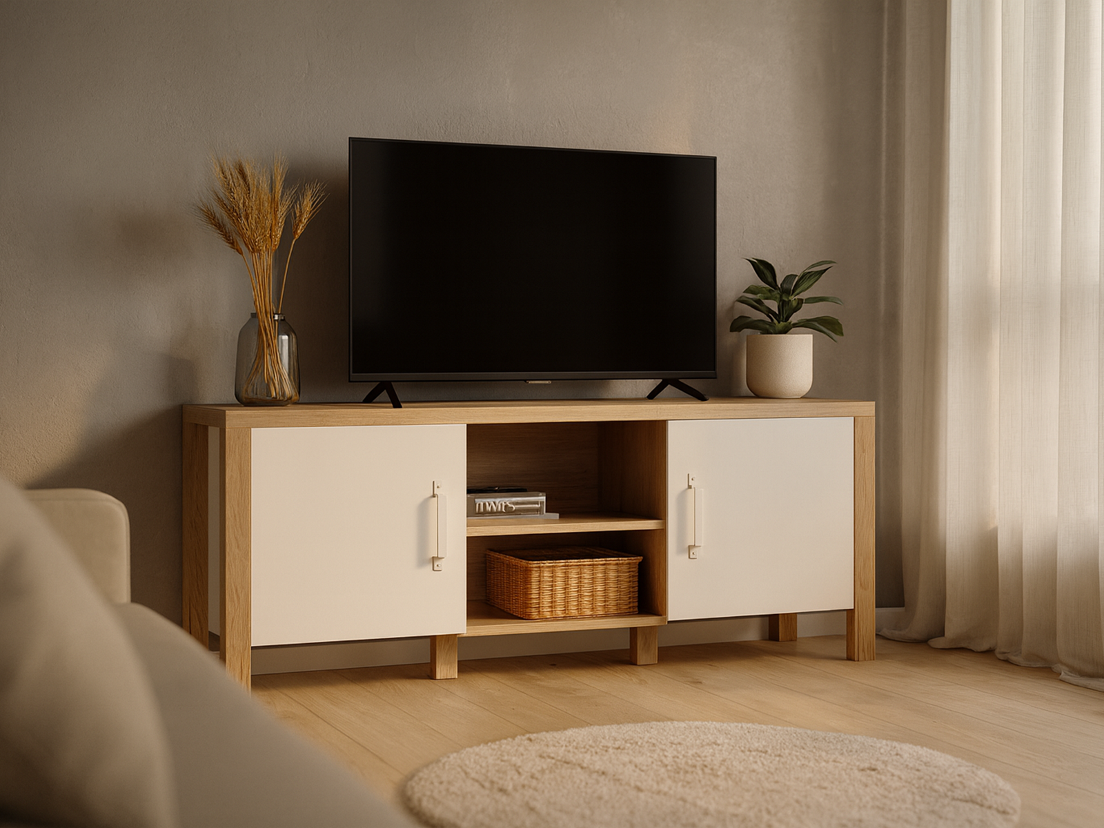 Meuble tv-hifi OLIANNE 2 portes chêne naturel/blanc