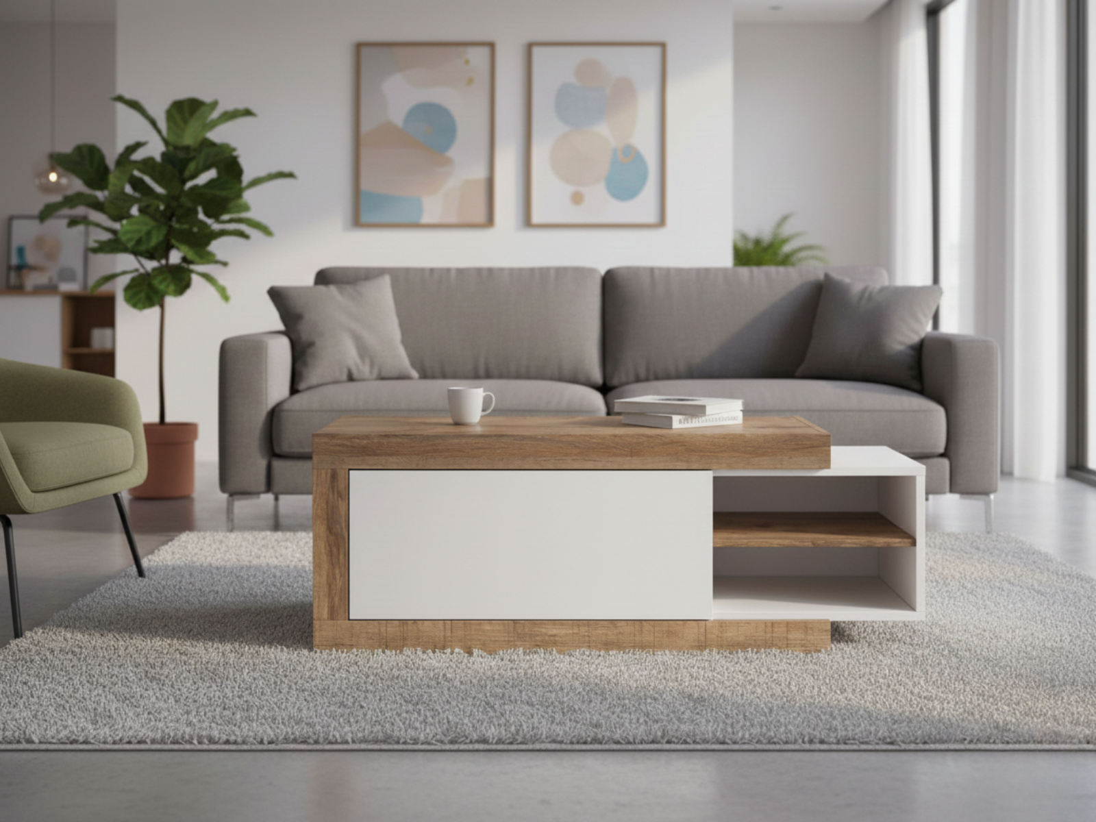 Table basse SINO 1 porte chêne/blanc laqué