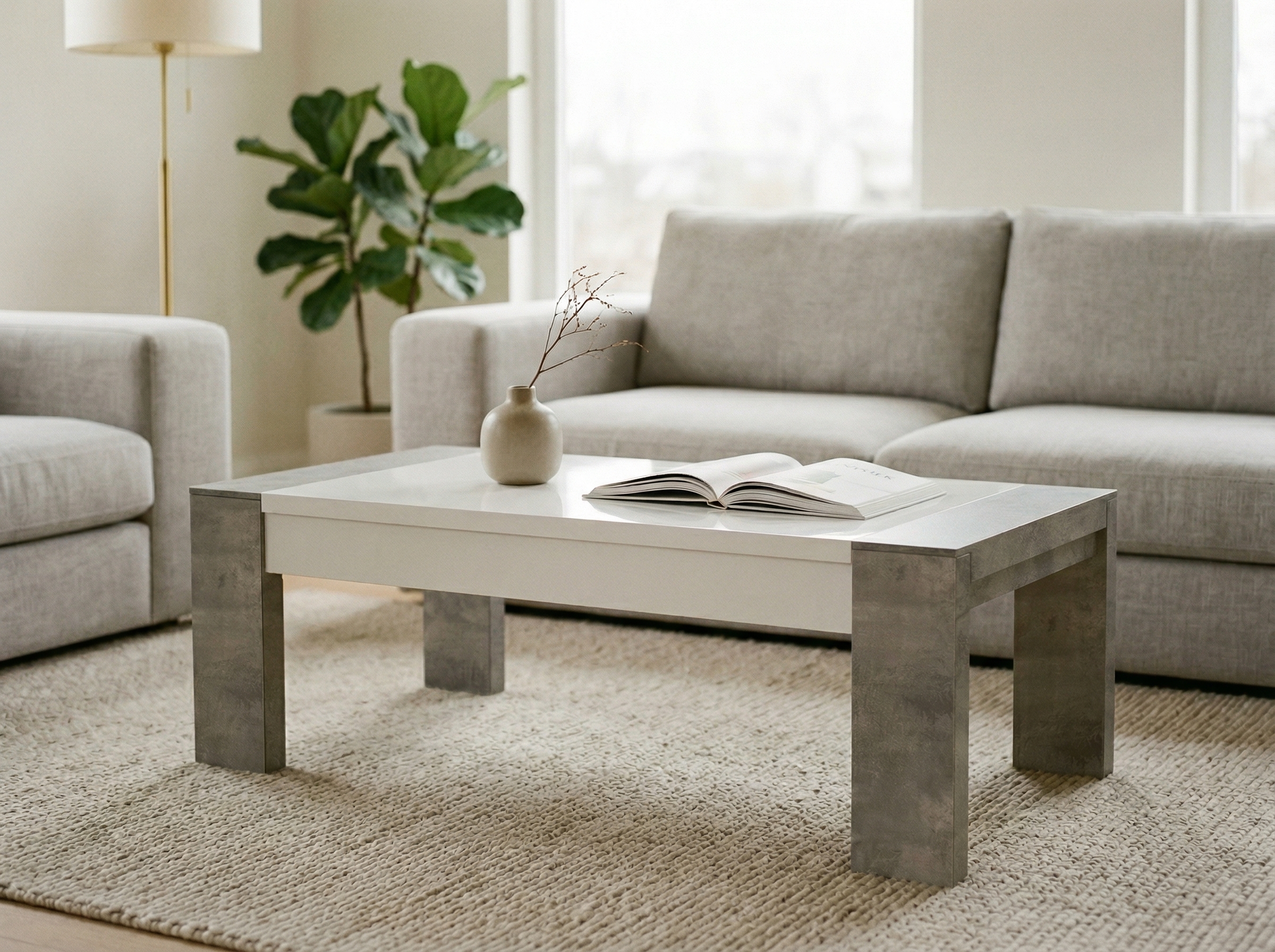 Table basse rectangulaire RANDY 130 cm béton/blanc