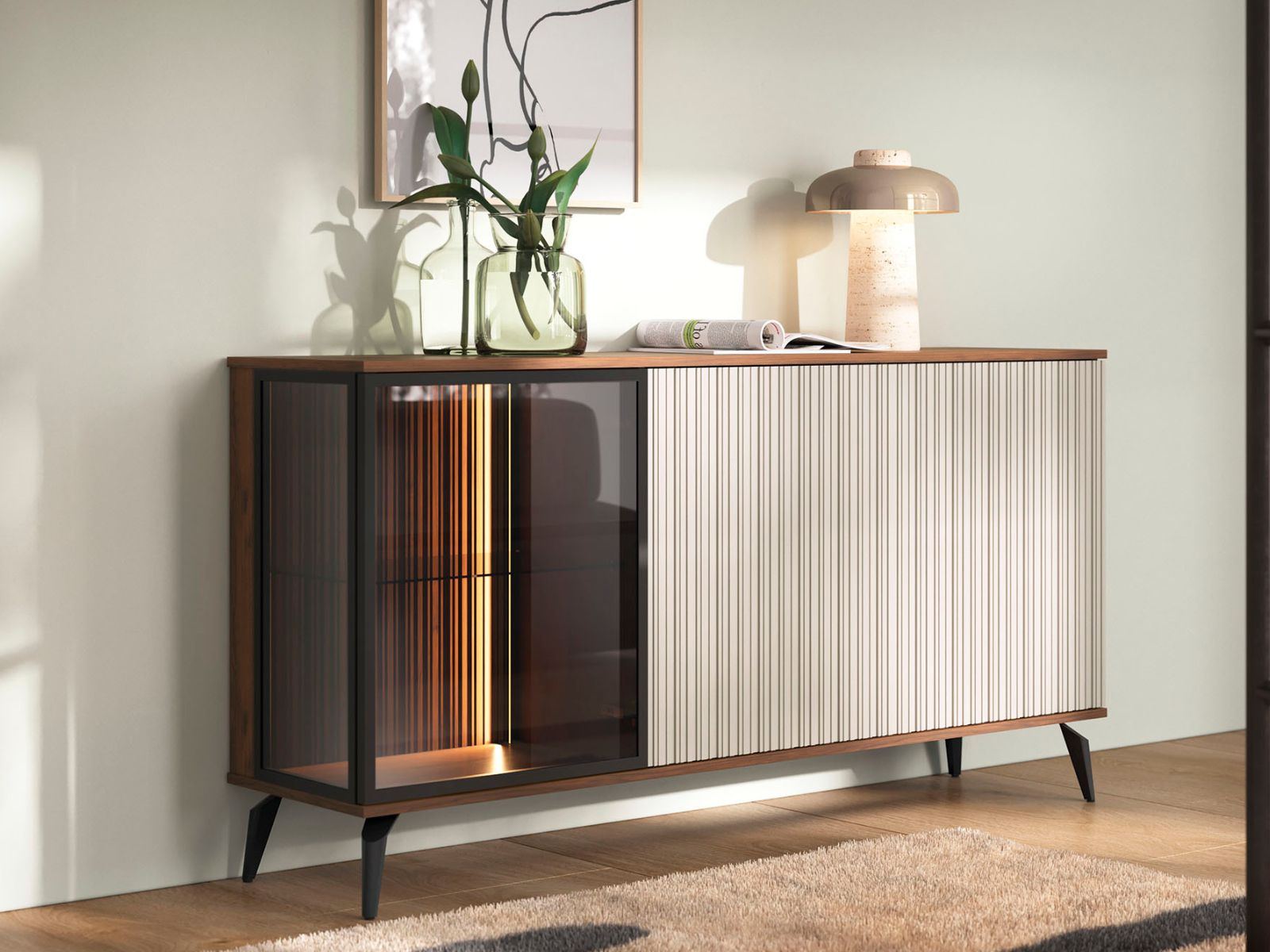 Buffet/bahut VENRUTA 3 portes noyer warmia/cachemire avec led