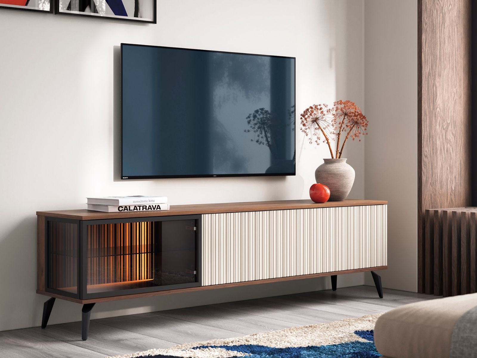 Meuble tv-hifi VENRUTA 180 cm noyer warmia/cachemire avec led