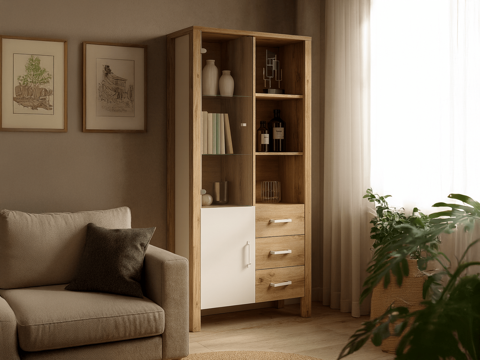 Vitrine OLIANNE 2 portes 3 tiroirs chêne naturel/blanc