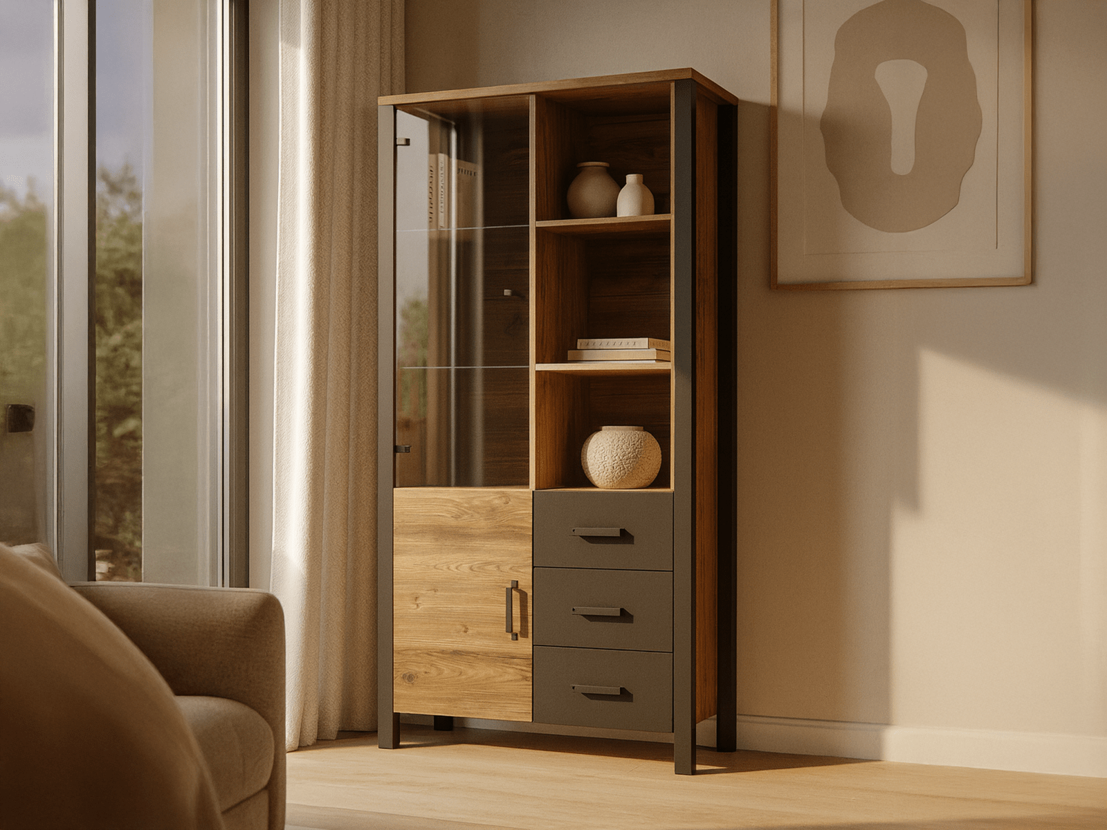 Vitrine OLIANNE 2 portes 3 tiroirs épicéa appenzeller/noir