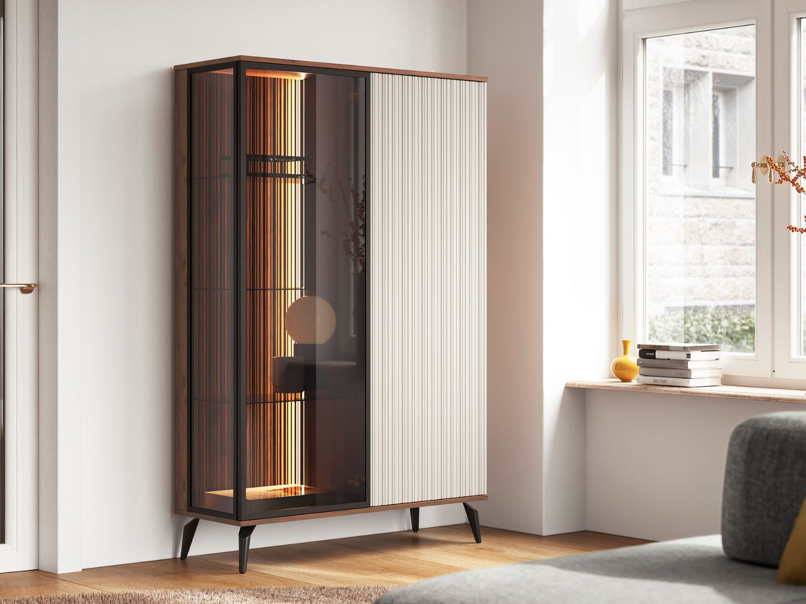 Vitrine VENRUTA 2 portes noyer warmia/cachemire avec led