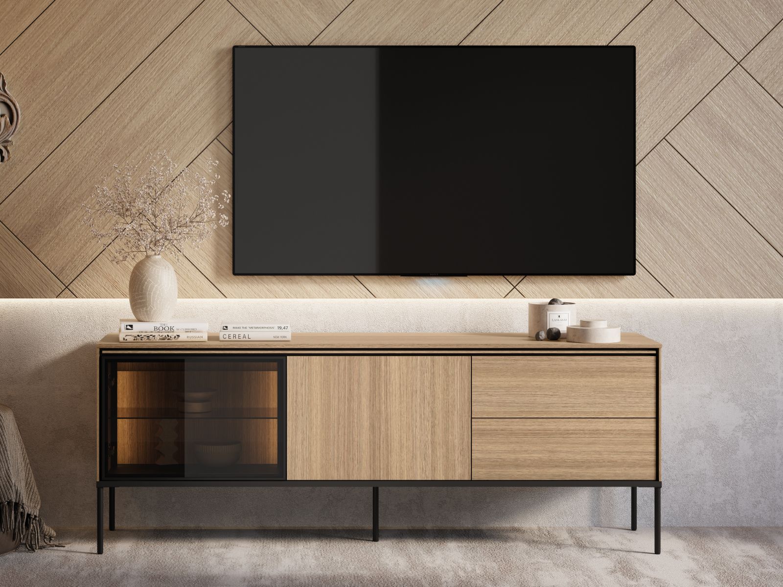 Meuble tv-hifi VIDDO II 2 portes 2 tiroirs 167 cm chêne linea avec led