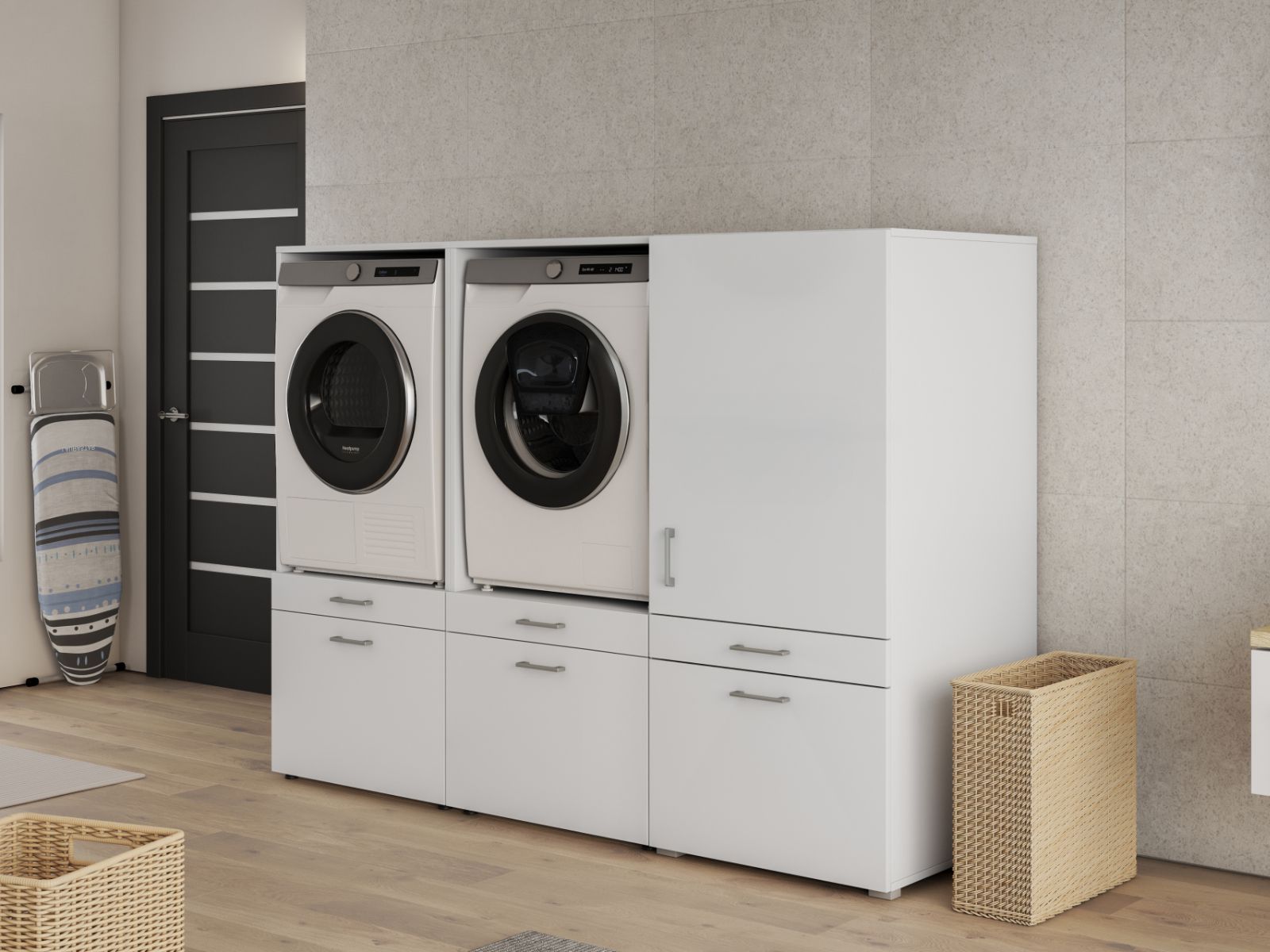 Meuble WASHING 1 machine avec armoire 1 porte 2 tiroirs MEDIUM blanc