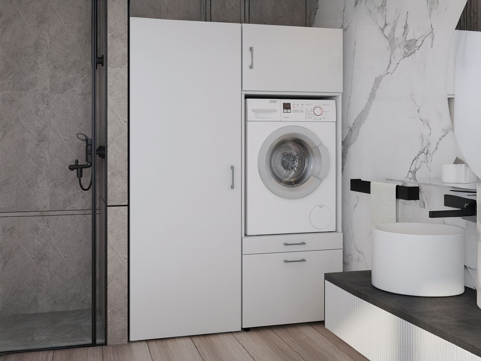 Meuble WASHING 1 machine avec armoire 1 porte LARGE blanc