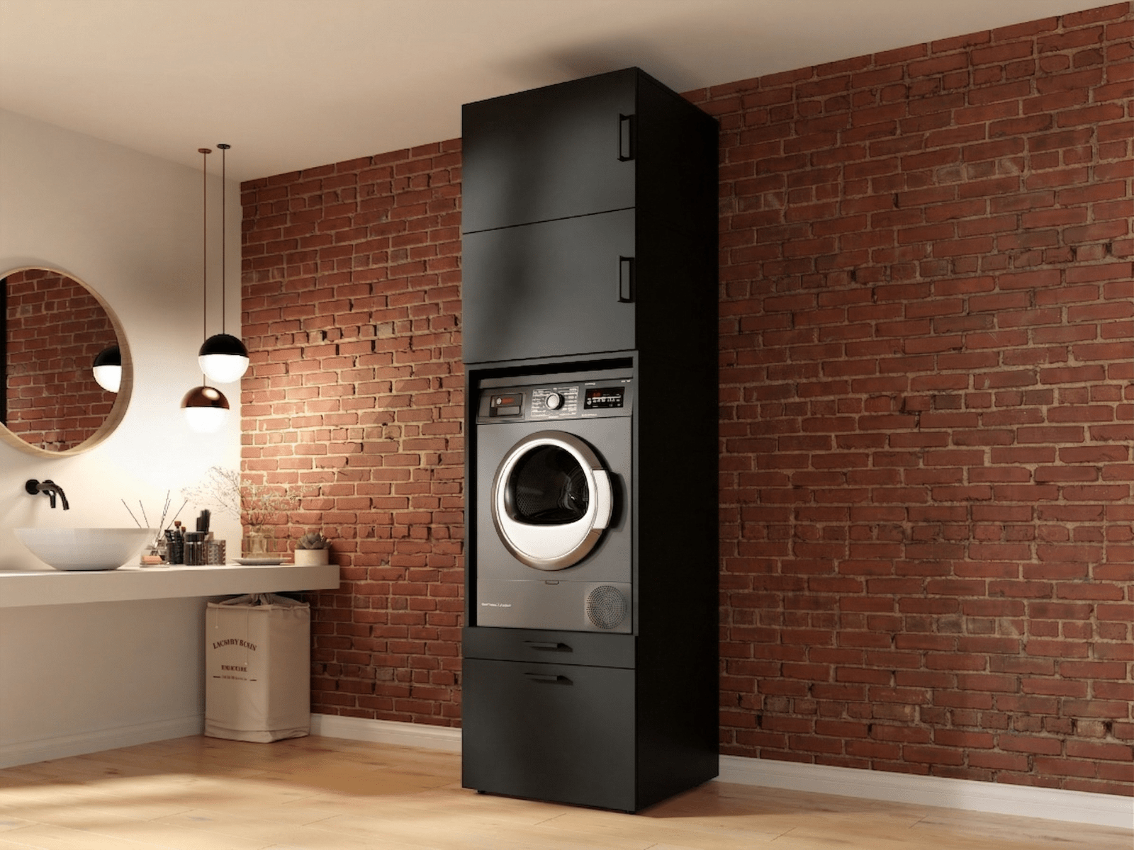 Meuble WASHING 1 machine noir avec 2 surmeubles