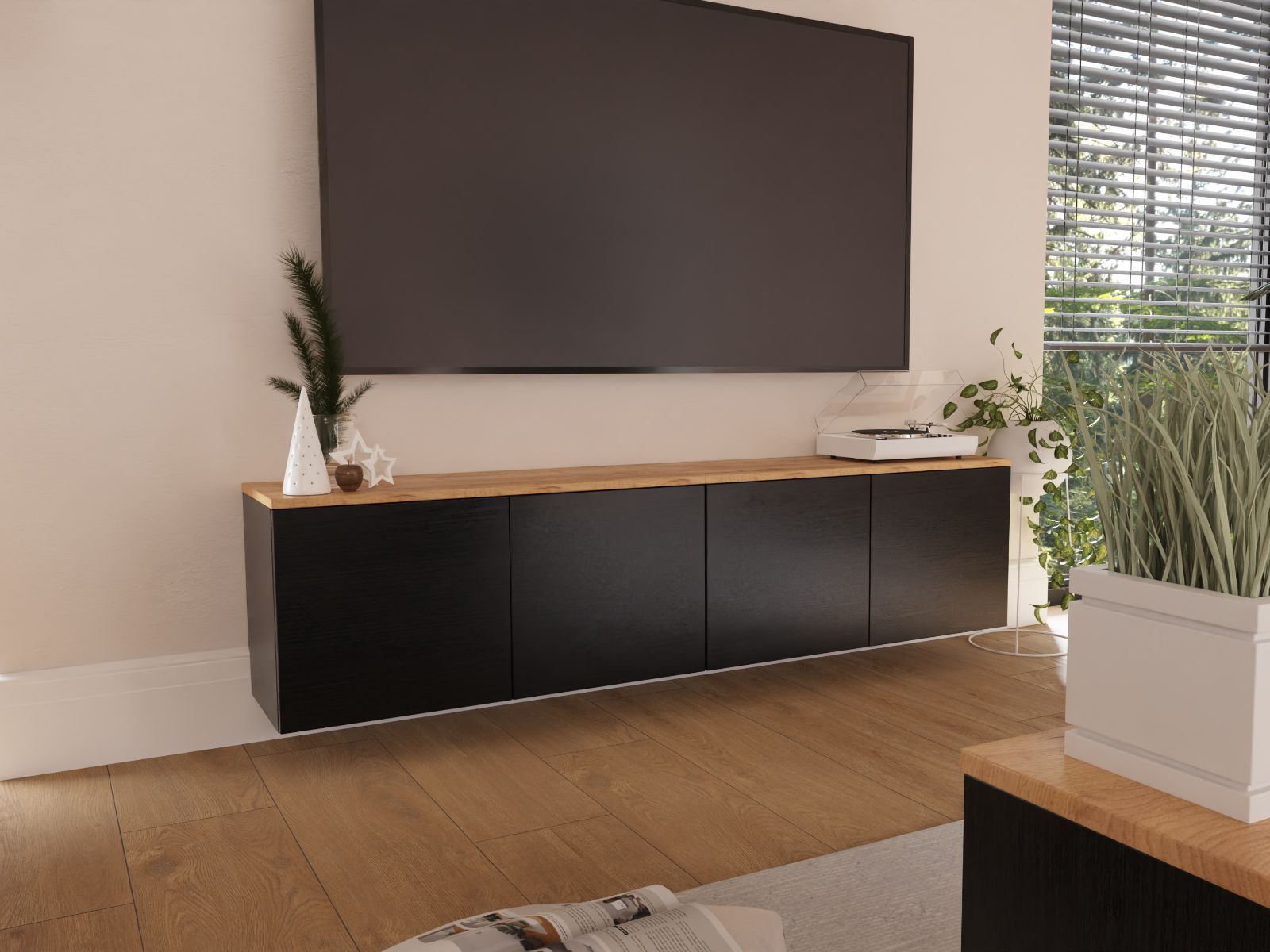Meuble tv-hifi LUCO 4 portes 180 cm chêne/noir mat