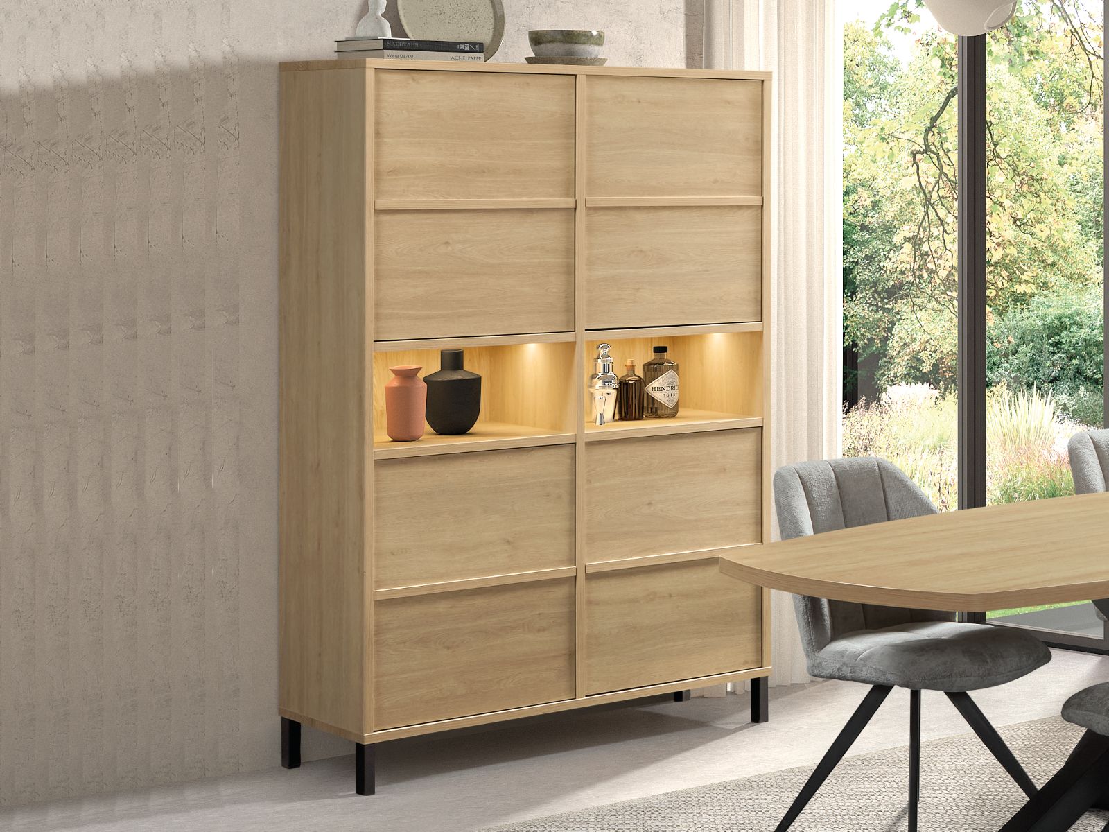Meuble bar AMBER 4 portes 2 niches chêne urbain avec led