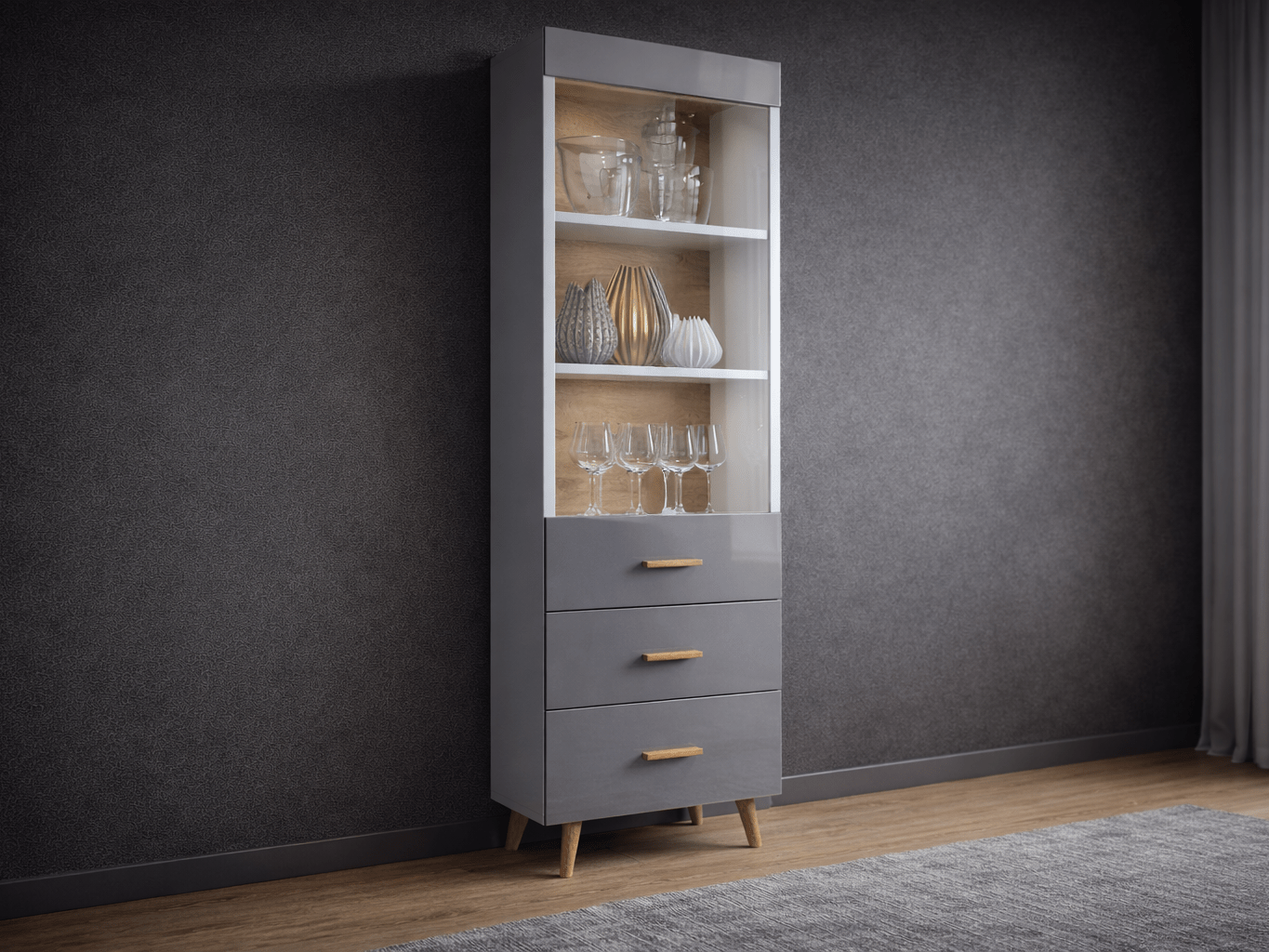 Vitrine BRILLAT 1 porte 3 tiroirs blanc/gris laqué