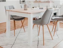 Table repas rectangulaire BERGAMOTE 160 cm blanc/chêne artisan avec allonge