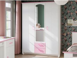 Armoire ROBINSON 3 portes et 2 tiroirs blanc/rose