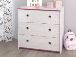 Commode SMOOKIE 3 tiroirs pin blanc/rose
