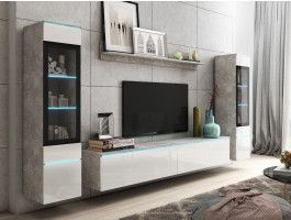 Mur tv-hifi VITTORIO 6 portes béton/blanc brillant