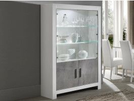 Vitrine MADONNA 4 portes blanc laqué/béton laqué avec led