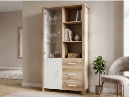 Vitrine OLIANNE 2 portes 3 tiroirs chêne naturel/blanc
