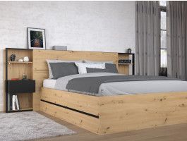 Lit coffre SAMMY 140x190 cm chêne artisan/noir avec tête de lit et chevets