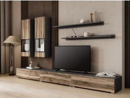 Mur tv-hifi BABEL 5 portes noyer/chêne grisé