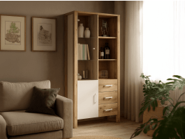 Vitrine OLIANNE 2 portes 3 tiroirs chêne naturel/blanc