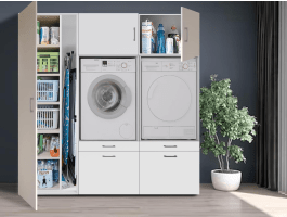 Meuble WASHING 2 machines côte à côte avec armoire 1 porte blanc avec 2 surmeubles