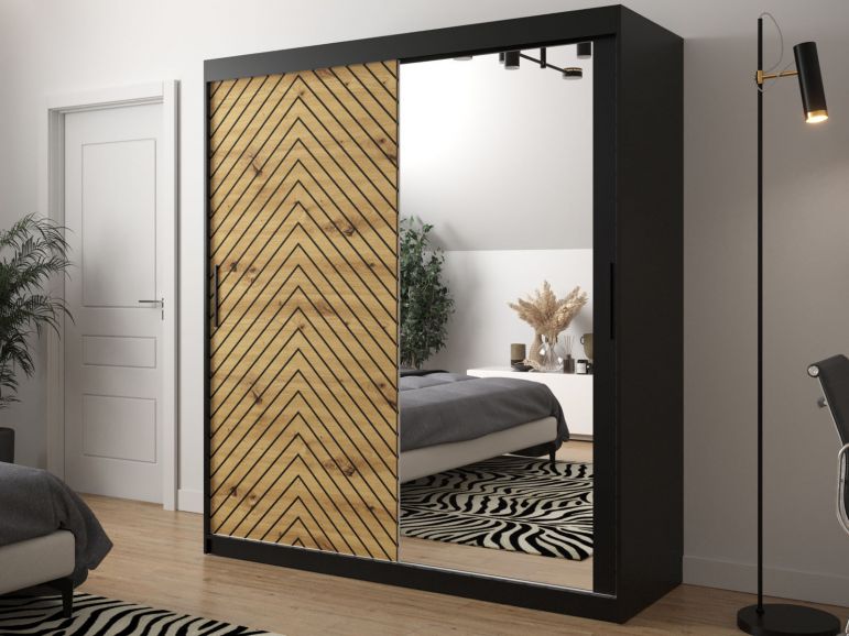 Armoire JODALO 2 portes coulissantes 180 cm noir/chêne artisan avec miroir