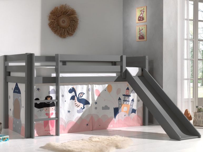 Lit cabane Lit superposé Avec escalier de rangement et toboggan Lit  d'enfant Naturel (90x200cm)