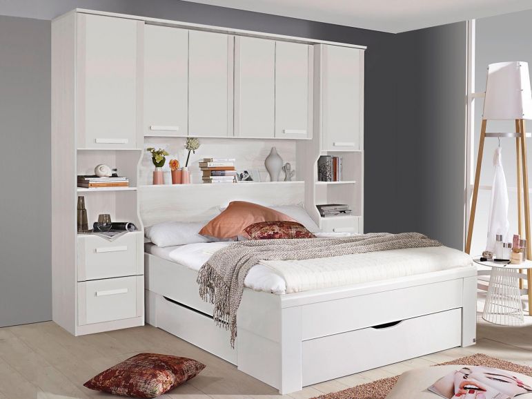 Chambre complète avec lit pont 140 x 190 cm - Avec rangements - Coloris :  Naturel et blanc +