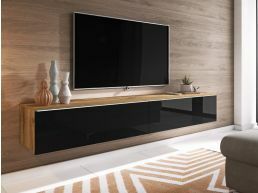 Meuble tv-hifi DUBAI 2 portes battantes 180 cm chêne wotan/noir brillant avec led
