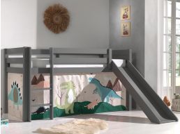 Lit enfant ALIZE avec toboggan 90x200 cm pin gris tente Dinosaure