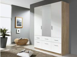 Armoire CELLON sonoma 3 portes et 6 tiroirs avec miroir blanc brillant
