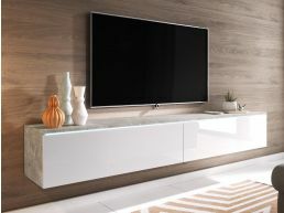 Meuble tv-hifi DUBAI 2 portes battantes 180 cm béton/blanc brillant sans led